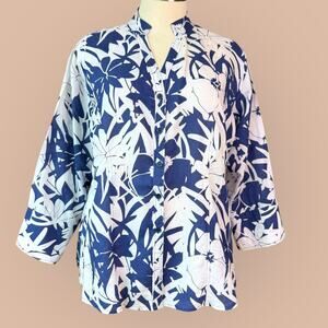 Harve Benard Woman Plus 2X Linen Blend Floral Button Up Top Blouse Blue White